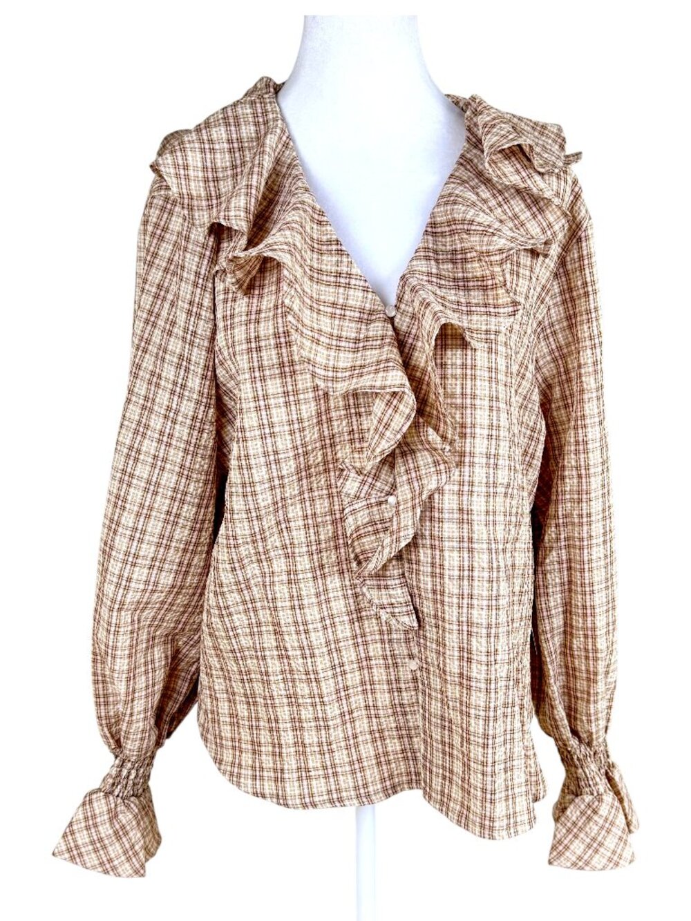 Tuckernuck Plaid Ruffle Neck Blouse Tan Pink Long Sleeve (XL) NWT